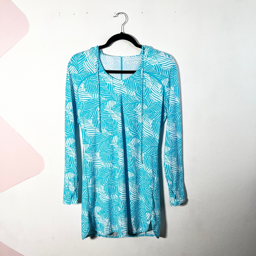 Coolibar Dress Women's Small UPF 50+ Blue Palm Leaf Hooded Swim Tunic